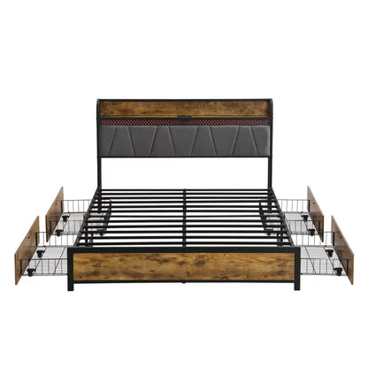 Full Size Bed Frame, Storage Headboard with Charging Station and 4 Storage Drawers,LED Lights , Brown and Gray