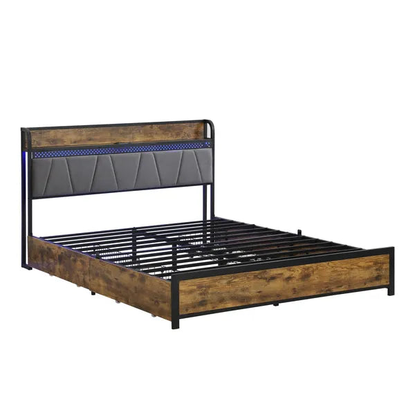 Full Size Bed Frame, Storage Headboard with Charging Station and 4 Storage Drawers,LED Lights , Brown and Gray