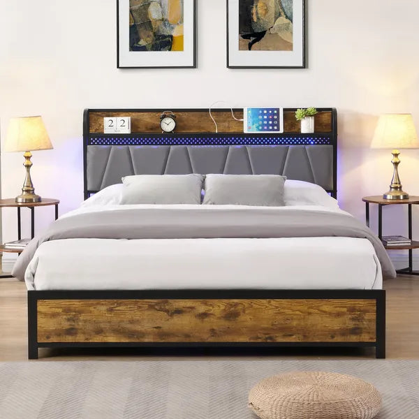 Full Size Bed Frame, Storage Headboard with Charging Station and 4 Storage Drawers,LED Lights , Brown and Gray