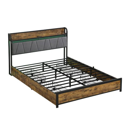 Full Size Bed Frame, Storage Headboard with Charging Station and 4 Storage Drawers,LED Lights , Brown and Gray