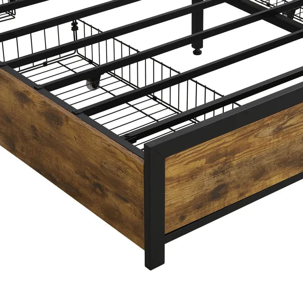 Full Size Bed Frame, Storage Headboard with Charging Station and 4 Storage Drawers,LED Lights , Brown and Gray