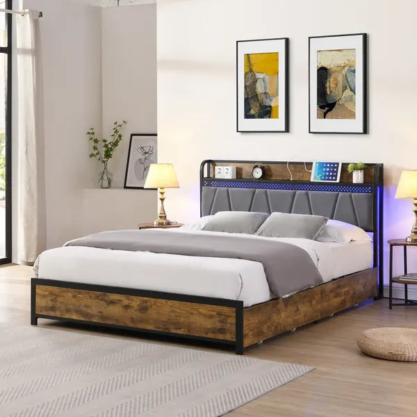 Full Size Bed Frame, Storage Headboard with Charging Station and 4 Storage Drawers,LED Lights , Brown and Gray