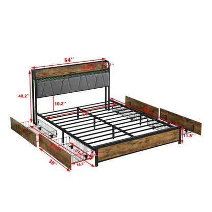 Full Size Bed Frame, Storage Headboard with Charging Station and 4 Storage Drawers,LED Lights , Brown and Gray