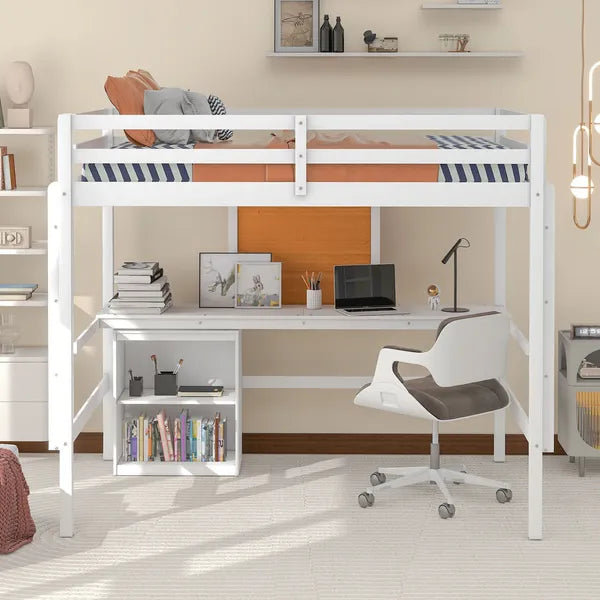 Full size Loft Bed with Desk and Writing Board, Wooden Loft Bed with Desk & 2 Drawers Cabinet