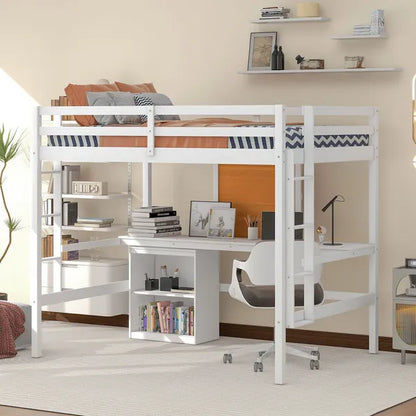 Full size Loft Bed with Desk and Writing Board, Wooden Loft Bed with Desk & 2 Drawers Cabinet