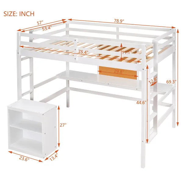 Full size Loft Bed with Desk and Writing Board, Wooden Loft Bed with Desk & 2 Drawers Cabinet