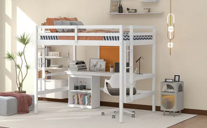 Full size Loft Bed with Desk and Writing Board, Wooden Loft Bed with Desk & 2 Drawers Cabinet