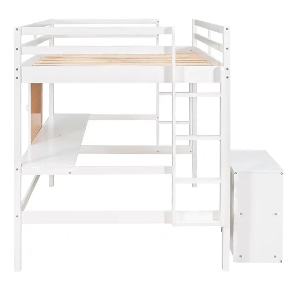 Full size Loft Bed with Desk and Writing Board, Wooden Loft Bed with Desk & 2 Drawers Cabinet