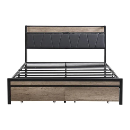 FULL Size Metal Platform Bed Frame with upholstery storage function Headboard and USB LINER and Footboard with drawers , No Box Spring Needed, Large Under Bed Storage, Easy Assemble