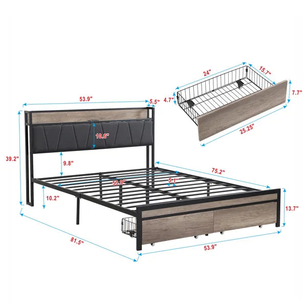 FULL Size Metal Platform Bed Frame with upholstery storage function Headboard and USB LINER and Footboard with drawers , No Box Spring Needed, Large Under Bed Storage, Easy Assemble