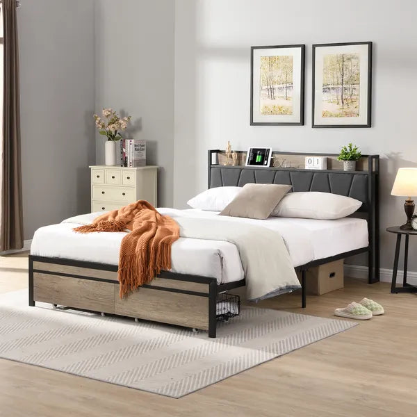 FULL Size Metal Platform Bed Frame with upholstery storage function Headboard and USB LINER and Footboard with drawers , No Box Spring Needed, Large Under Bed Storage, Easy Assemble