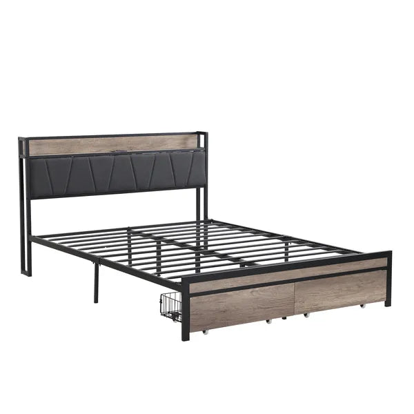 FULL Size Metal Platform Bed Frame with upholstery storage function Headboard and USB LINER and Footboard with drawers , No Box Spring Needed, Large Under Bed Storage, Easy Assemble