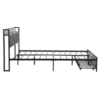 FULL Size Metal Platform Bed Frame with upholstery storage function Headboard and USB LINER and Footboard with drawers , No Box Spring Needed, Large Under Bed Storage, Easy Assemble