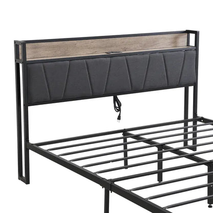 FULL Size Metal Platform Bed Frame with upholstery storage function Headboard and USB LINER and Footboard with drawers , No Box Spring Needed, Large Under Bed Storage, Easy Assemble