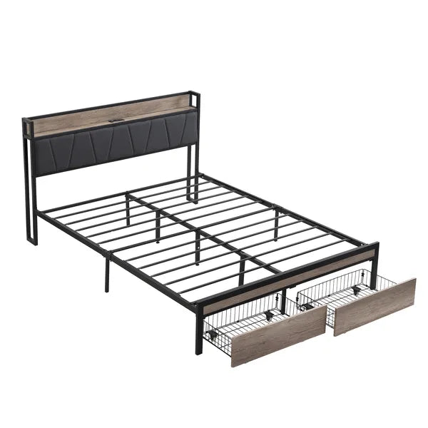 FULL Size Metal Platform Bed Frame with upholstery storage function Headboard and USB LINER and Footboard with drawers , No Box Spring Needed, Large Under Bed Storage, Easy Assemble