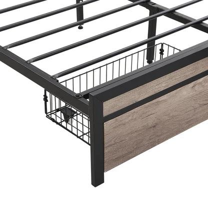 FULL Size Metal Platform Bed Frame with upholstery storage function Headboard and USB LINER and Footboard with drawers , No Box Spring Needed, Large Under Bed Storage, Easy Assemble