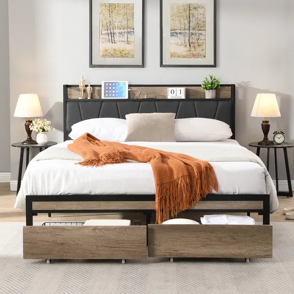 FULL Size Metal Platform Bed Frame with upholstery storage function Headboard and USB LINER and Footboard with drawers , No Box Spring Needed, Large Under Bed Storage, Easy Assemble