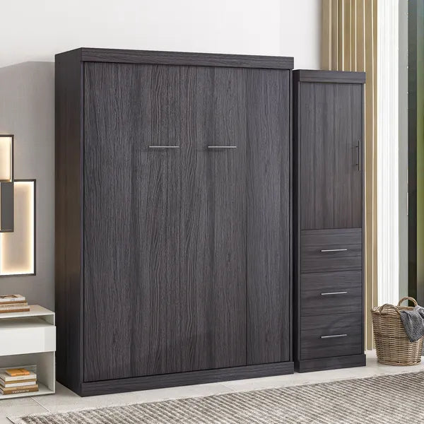 Full Size Murphy Bed with Wardrobe and Drawers, Storage Bed, can be Folded into a Cabinet, Gray