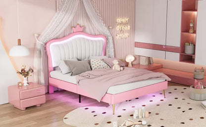 Full Size Upholstered Bed Frame with LED Lights,Modern Upholstered Princess Bed With Crown Headboard,White+Pink