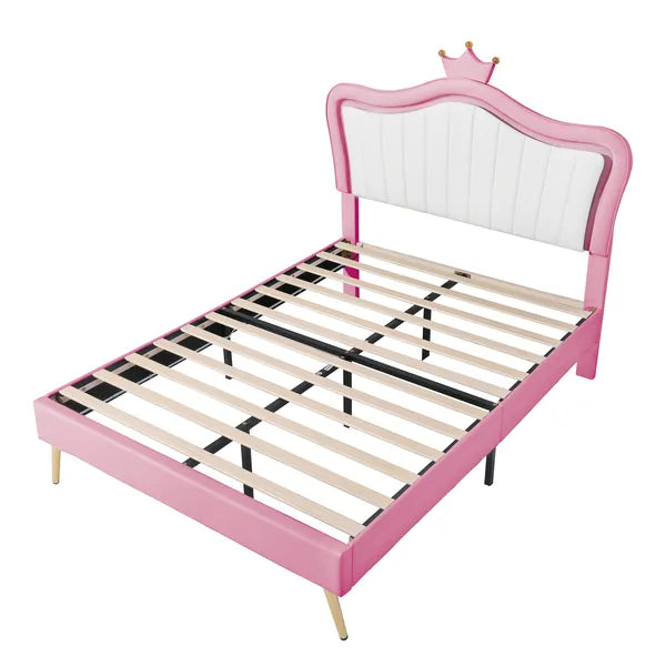 Full Size Upholstered Bed Frame with LED Lights,Modern Upholstered Princess Bed With Crown Headboard,White+Pink