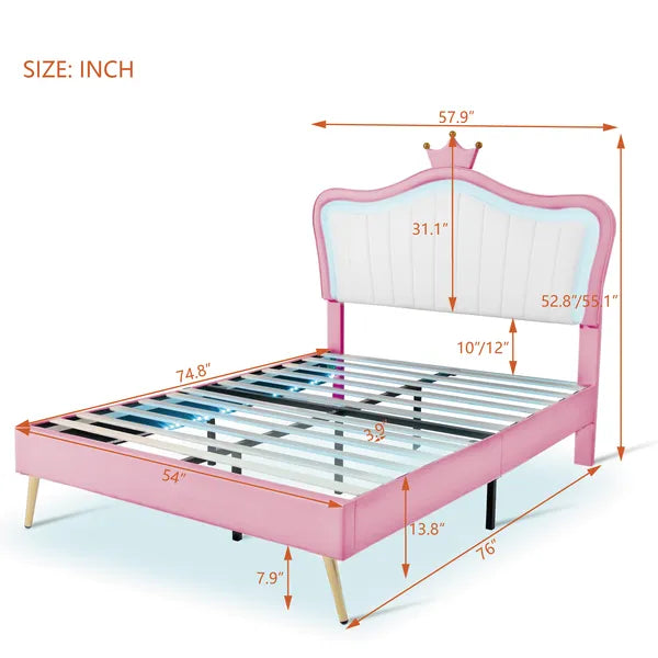 Full Size Upholstered Bed Frame with LED Lights,Modern Upholstered Princess Bed With Crown Headboard,White+Pink