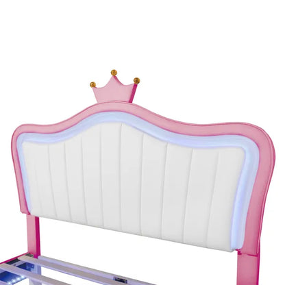 Full Size Upholstered Bed Frame with LED Lights,Modern Upholstered Princess Bed With Crown Headboard,White+Pink