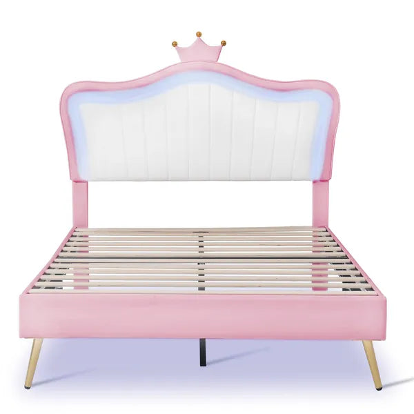 Full Size Upholstered Bed Frame with LED Lights,Modern Upholstered Princess Bed With Crown Headboard,White+Pink