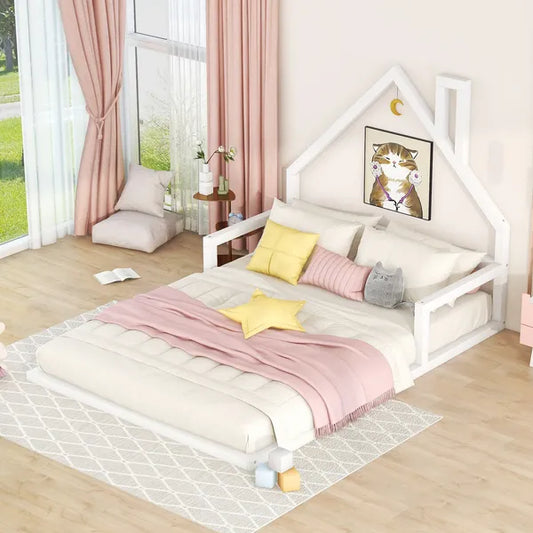 Full Size Wood Floor Bed with House-shaped Headboard