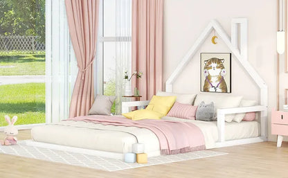 Full Size Wood Floor Bed with House-shaped Headboard