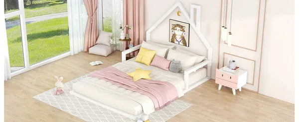 Full Size Wood Floor Bed with House-shaped Headboard