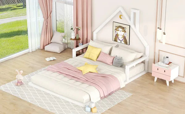 Full Size Wood Floor Bed with House-shaped Headboard