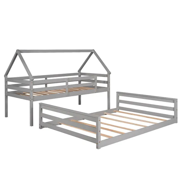 Functional Twin-Over-Full House Bunk Bed, Built-In Ladder, Modern Gray Design