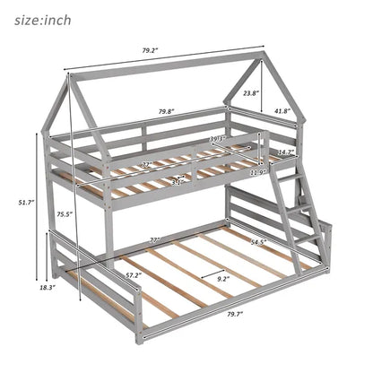 Functional Twin-Over-Full House Bunk Bed, Built-In Ladder, Modern Gray Design