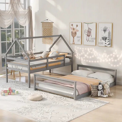 Functional Twin-Over-Full House Bunk Bed, Built-In Ladder, Modern Gray Design