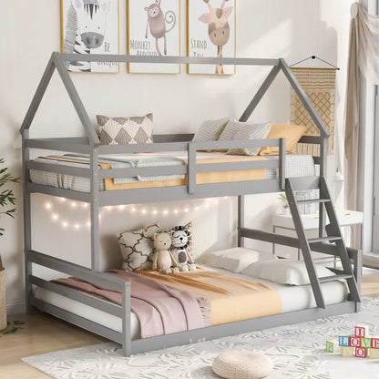 Functional Twin-Over-Full House Bunk Bed, Built-In Ladder, Modern Gray Design