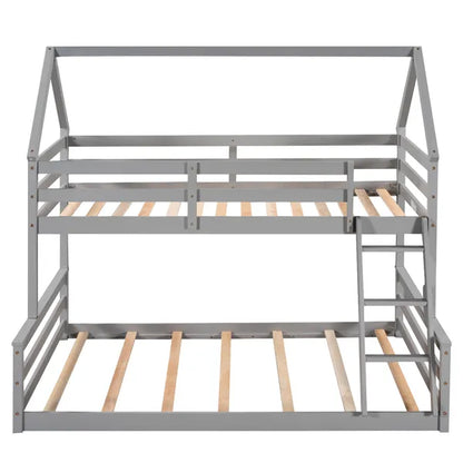 Functional Twin-Over-Full House Bunk Bed, Built-In Ladder, Modern Gray Design