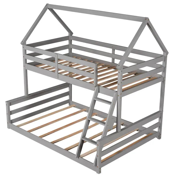 Functional Twin-Over-Full House Bunk Bed, Built-In Ladder, Modern Gray Design