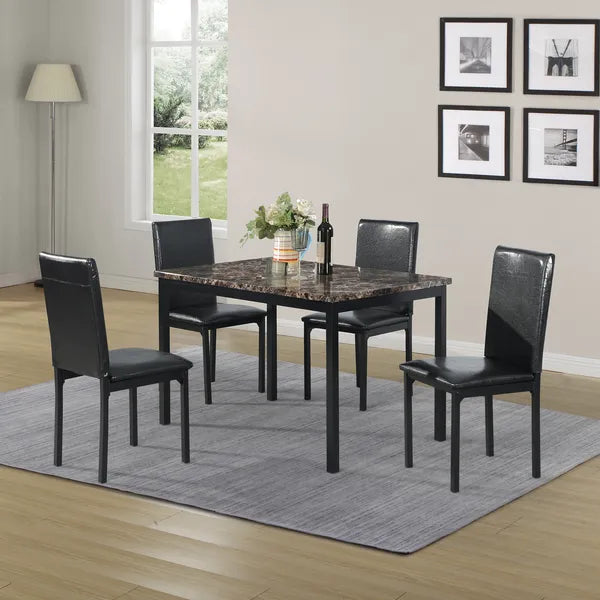 Furniture 5 Piece Metal Dinette Set with Faux Marble Top - Black; dinning set; table&4 chairs