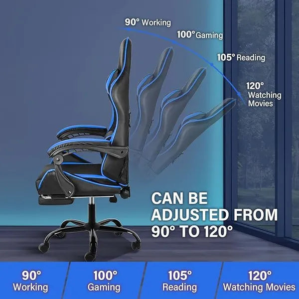 Gaming Chair, Backrest and Seat Height Adjustable Swivel Recliner Racing Office Computer Ergonomic Video Game Chair with Footrest and Lumbar Support, Black/Blue