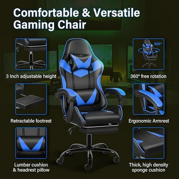 Gaming Chair, Backrest and Seat Height Adjustable Swivel Recliner Racing Office Computer Ergonomic Video Game Chair with Footrest and Lumbar Support, Black/Blue