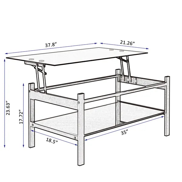 Glass Lift Top Coffee Table;  Modern Simple 2-Layer Tempered Glass Coffee Table for Living Room;  Black