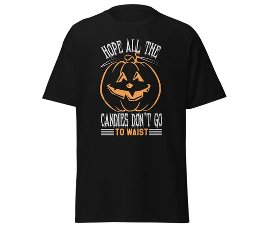 Halloween all candy go to waist t-shirt pumpkin design black , size Medium