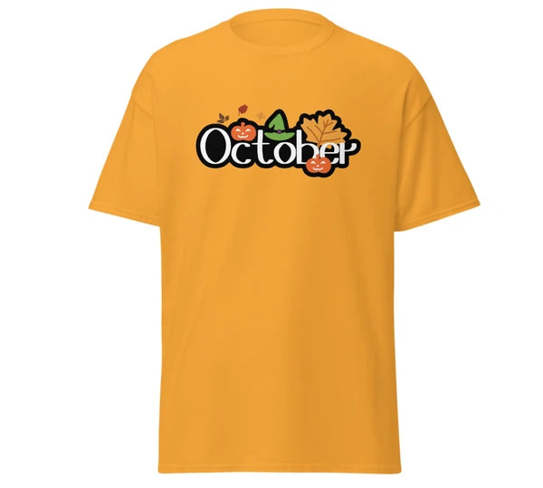 Halloween October witch T-shirt design unisex tees yellow size Medium