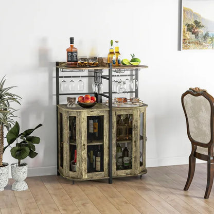 Industrial Corner Bar Cabinet with Glass Holder and Adjustable Shelf