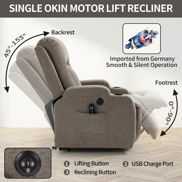 Infinite Position Single Motor Up to 350 LBS Power Lift Recliner Chair for Elderly, Heavy Duty Motion Mechanism with 8-Point Vibration Massage and Lumbar Heating, USB Charging Port, Cup Holders, Brown