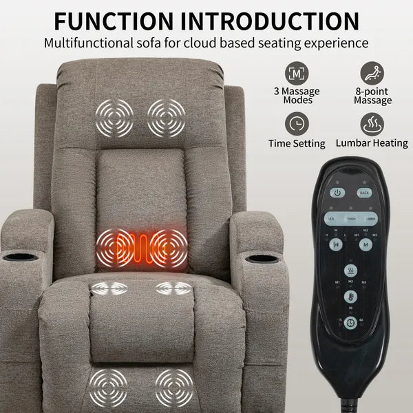 Infinite Position Single Motor Up to 350 LBS Power Lift Recliner Chair for Elderly, Heavy Duty Motion Mechanism with 8-Point Vibration Massage and Lumbar Heating, USB Charging Port, Cup Holders, Brown