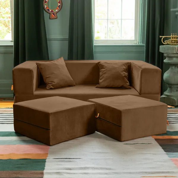 Jaxx Zipline Convertible Sleeper Loveseat & Ottomans, Textured Microvelvet - Toffee