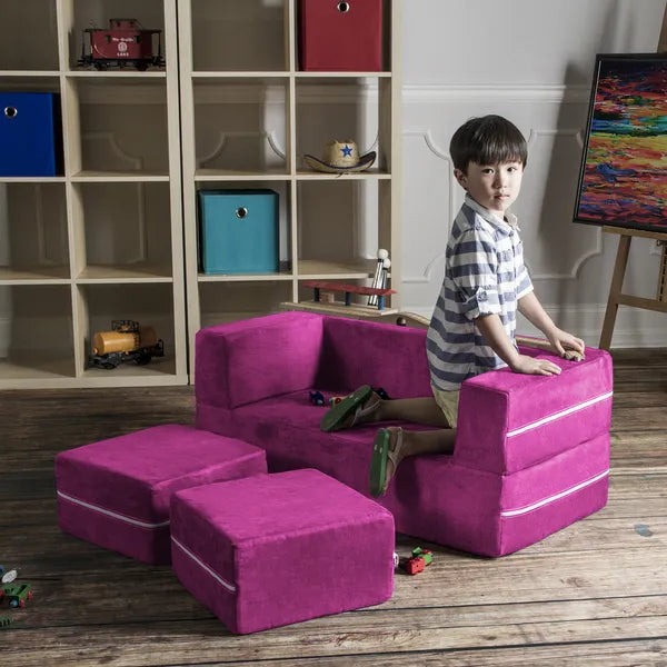 Jaxx Zipline Modular Kids Loveseat & Ottomans, Fuchsia