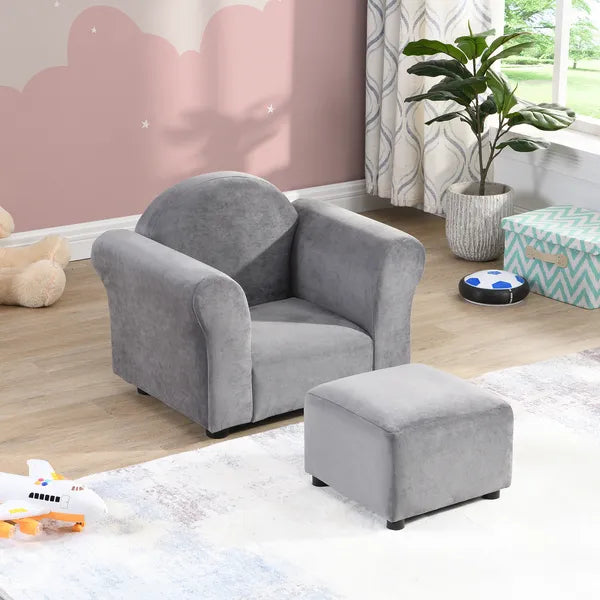 Kids Chair, Kids Upholstered Couch with ottoman, Dark Gray