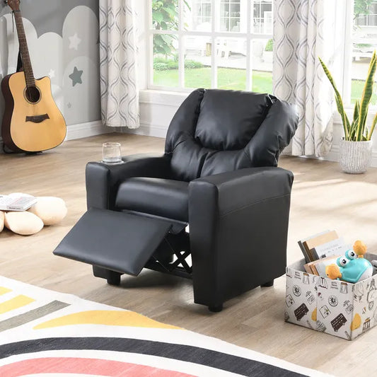 Kids Recliner Chair, Kids Upholstered Couch with One Cup Holder, Footrest, Backrest, Toddlers PVC Recliner with Headrest and Footrest